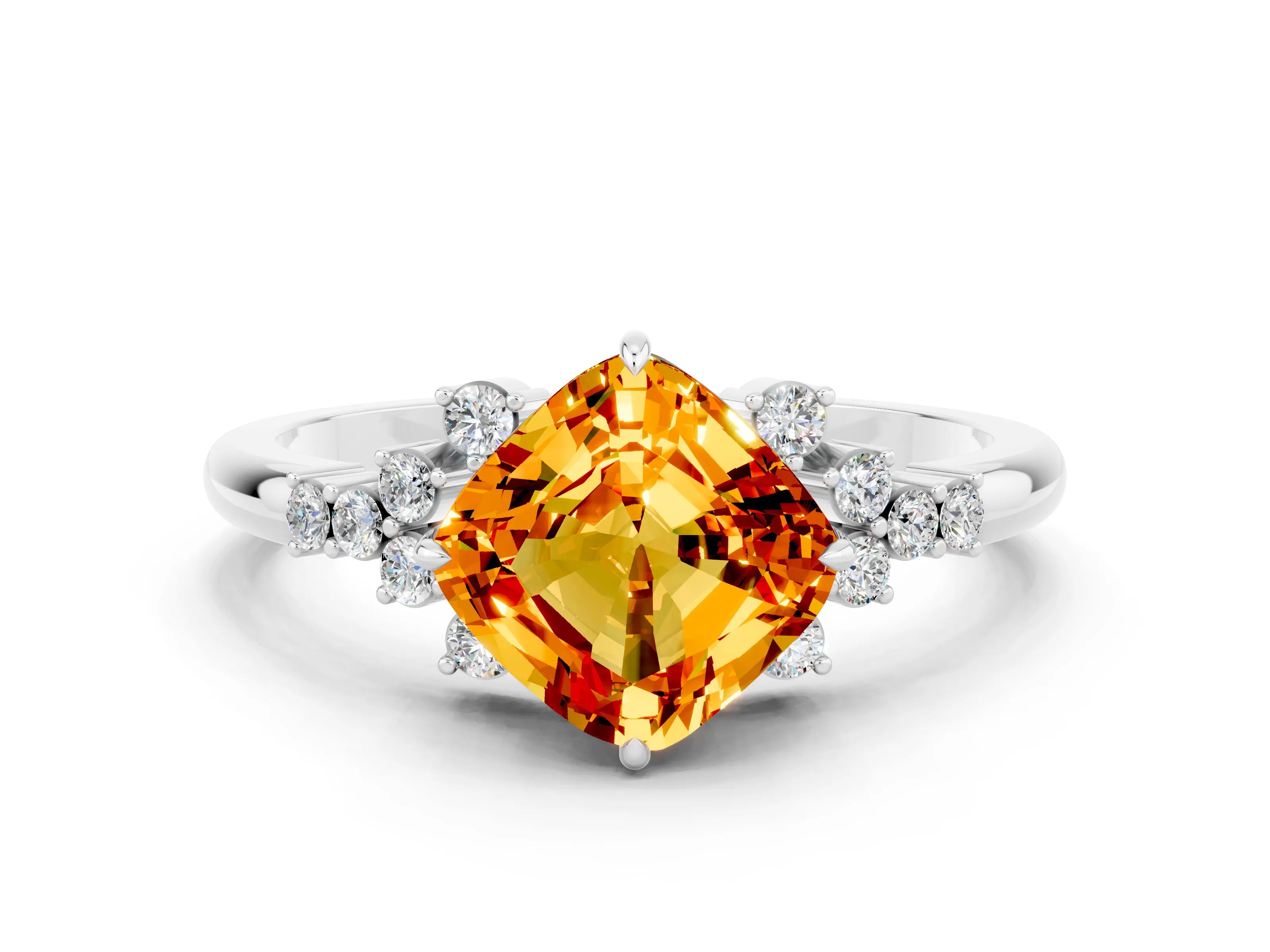 White gold Cushion Cut Citrine Ring with Side Stones and Four-Prong Setting_36