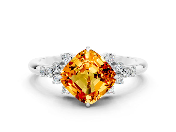 Platinum Cushion Cut Citrine Ring with Side Stones and Four-Prong Setting
