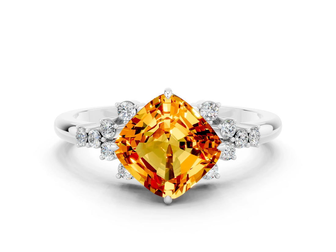 White gold Cushion Cut Citrine Ring with Side Stones and Four-Prong Setting_36
