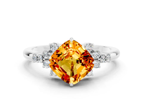 White gold Cushion Cut Citrine Ring with Side Stones and Four-Prong Setting_36