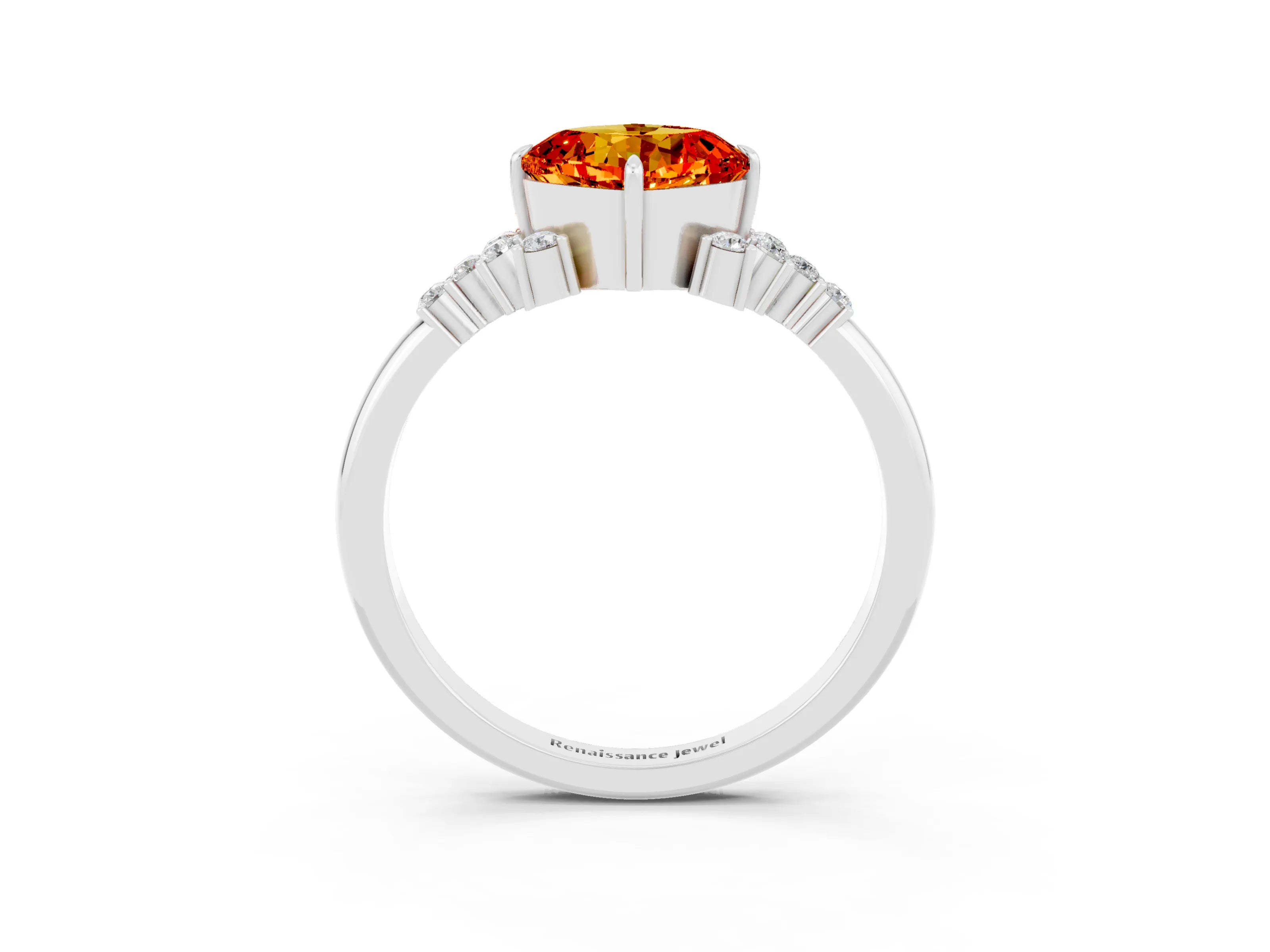 White gold Cushion Cut Citrine Ring with Side Stones and Four-Prong Setting_39
