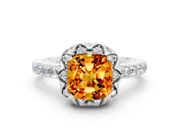 Platinum Cushion Cut Citrine Scalloped Halo Engagement Ring with Round Shared Prong Band