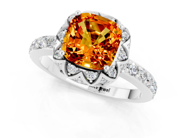 Platinum Cushion Cut Citrine Scalloped Halo Engagement Ring with Round Shared Prong Band