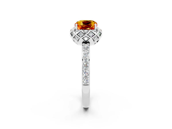 Platinum Cushion Cut Citrine Scalloped Halo Engagement Ring with Round Shared Prong Band