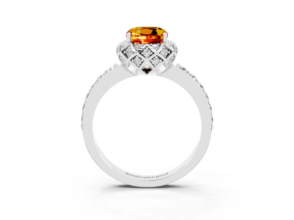 White gold Cushion Cut Citrine Scalloped Halo Engagement Ring with Round Shared Prong Band