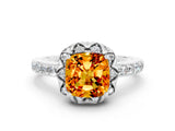 White gold Cushion Cut Citrine Scalloped Halo Engagement Ring with Round Shared Prong Band_24
