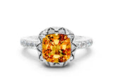 White gold Cushion Cut Citrine Scalloped Halo Engagement Ring with Round Shared Prong Band_36