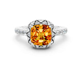 White gold Cushion Cut Citrine Scalloped Halo Engagement Ring with Round Shared Prong Band_96