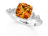 White gold Cushion Cut Citrine Scattered Round Accent Ring with Prong Setting_61