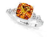 White gold Cushion Cut Citrine Scattered Round Accent Ring with Prong Setting_61