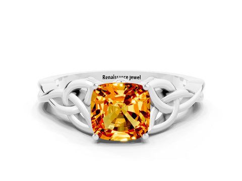 White gold Cushion Cut Citrine Solitaire Celtic Knot Ring with Four-Prong Setting_12