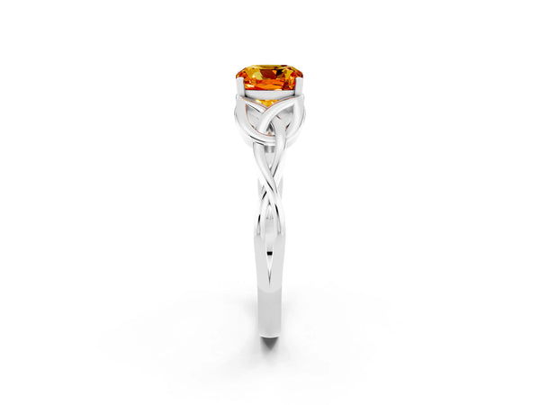 White gold Cushion Cut Citrine Solitaire Celtic Knot Ring with Four-Prong Setting
