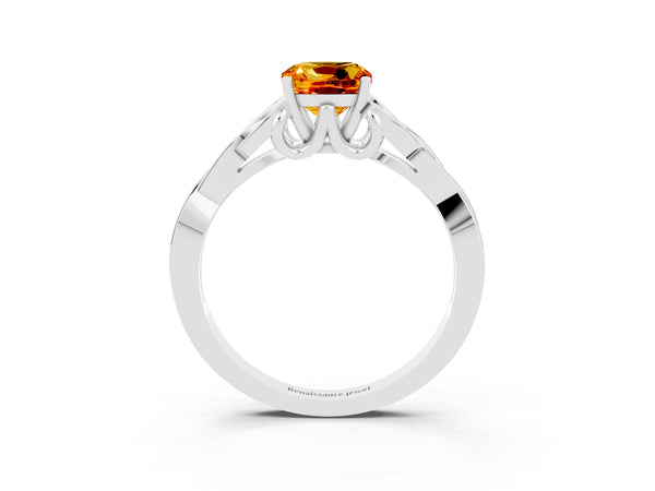 Platinum Cushion Cut Citrine Solitaire Celtic Knot Ring with Four-Prong Setting
