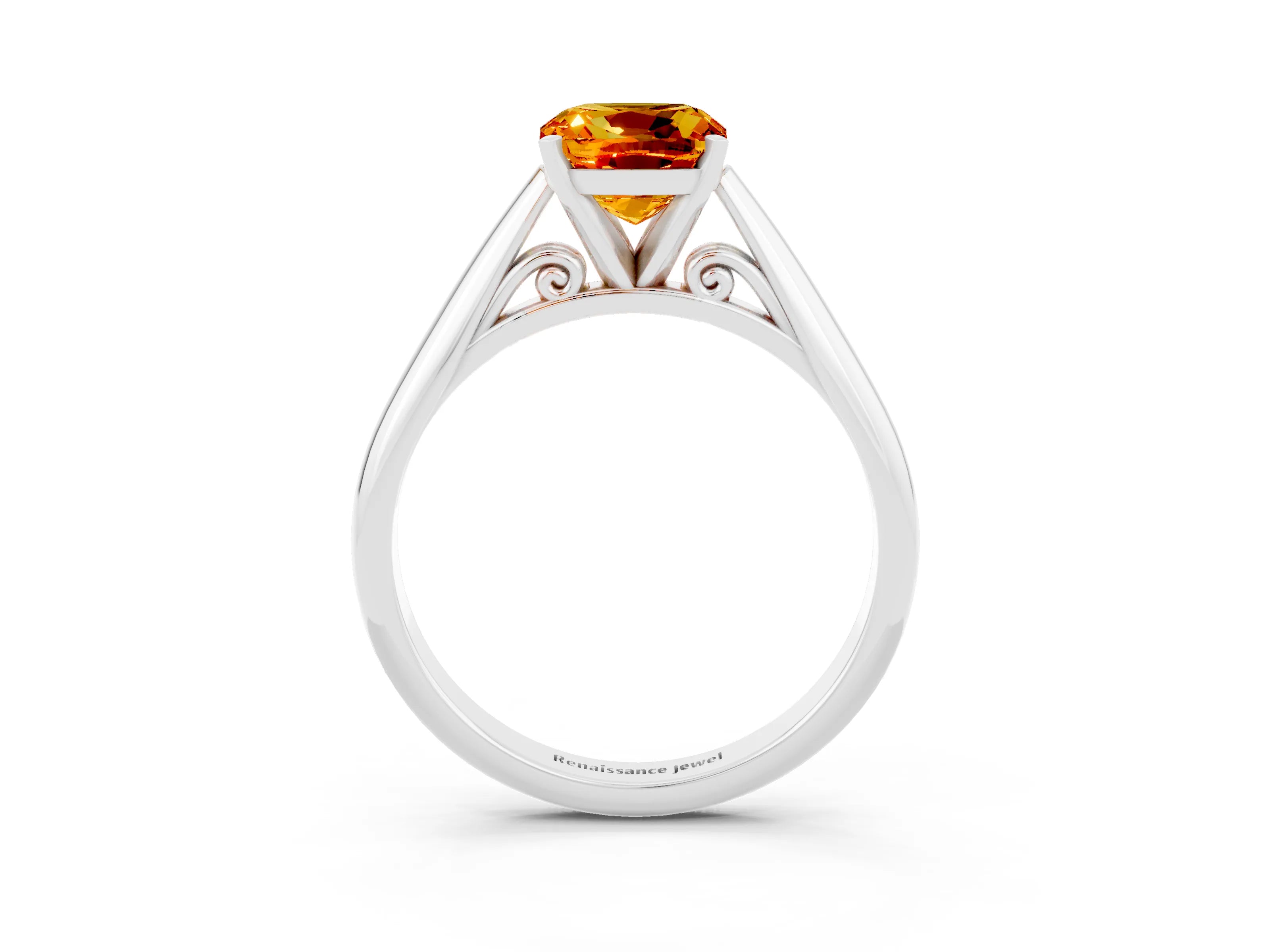 White gold Cushion Cut Citrine Solitaire Engagement Ring with Cathedral Setting and Four-Prong Mount_15