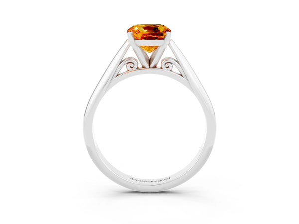 Platinum Cushion Cut Citrine Solitaire Engagement Ring with Cathedral Setting and Four-Prong Mount