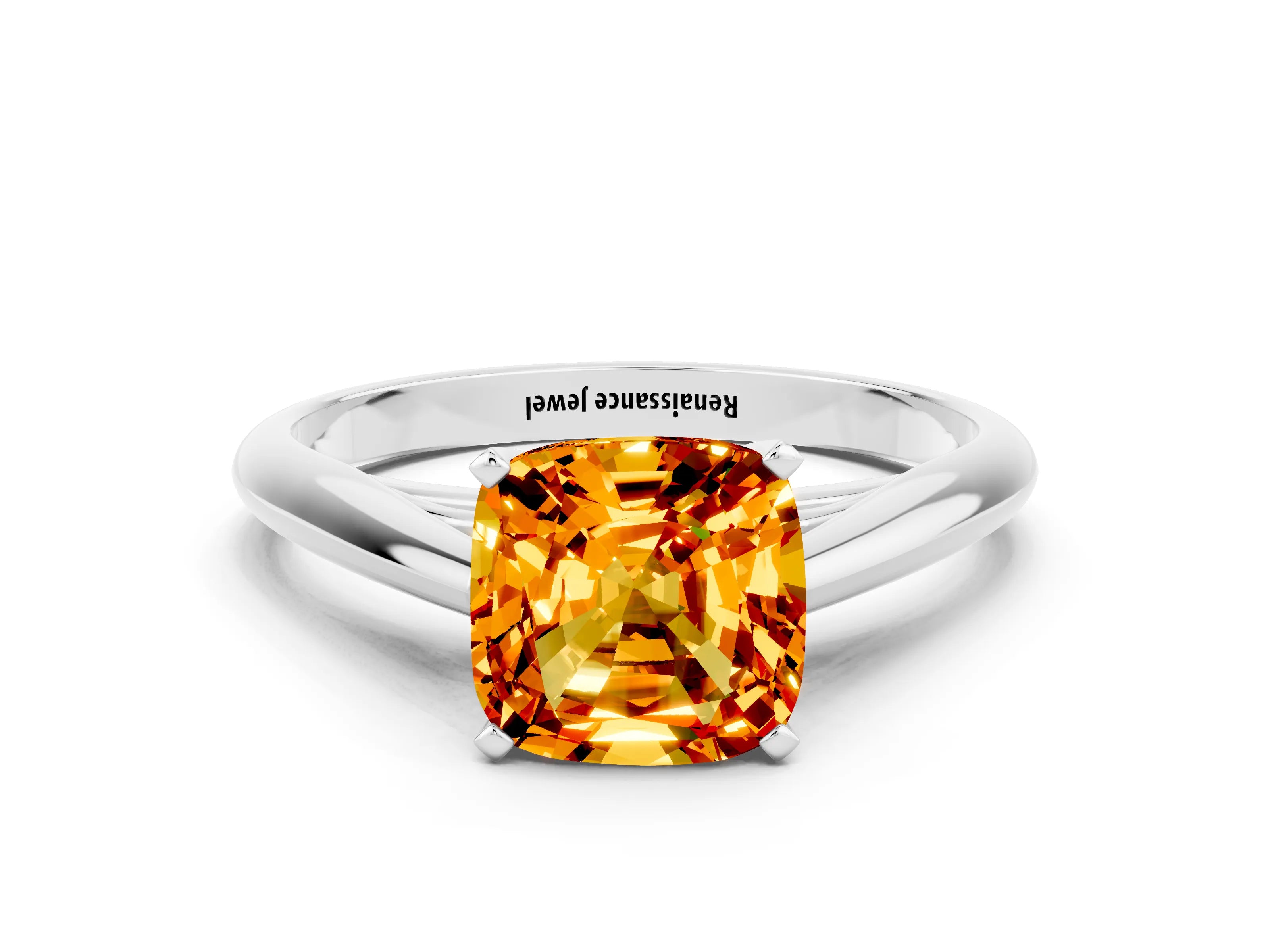 White gold Cushion Cut Citrine Solitaire Engagement Ring with Cathedral Setting and Four-Prong Mount_24