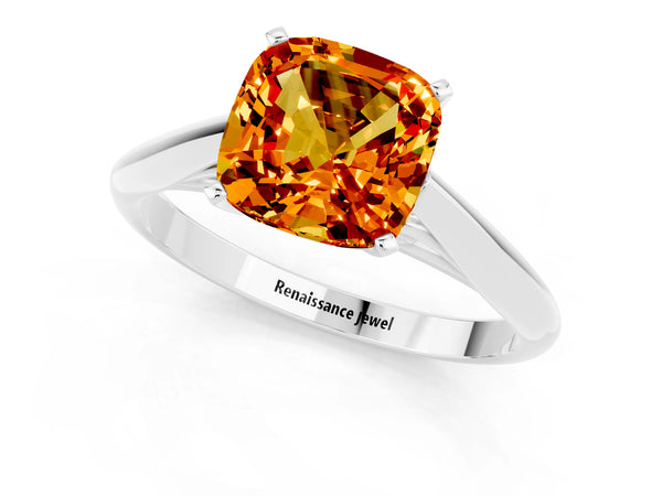 White gold Cushion Cut Citrine Solitaire Engagement Ring with Cathedral Setting and Four-Prong Mount