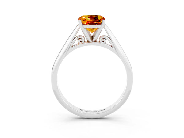 White gold Cushion Cut Citrine Solitaire Engagement Ring with Cathedral Setting and Four-Prong Mount