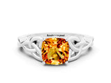 White gold Cushion Cut Citrine Solitaire Engagement Ring with Celtic Knot Band and Four-Prong Setting