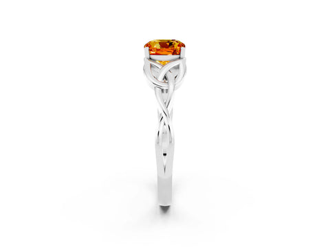 White gold Cushion Cut Citrine Solitaire Engagement Ring with Celtic Knot Band and Four-Prong Setting_2