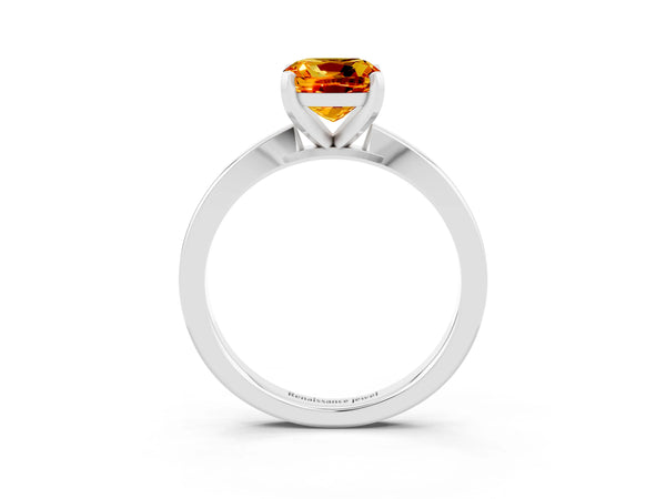 Platinum Cushion Cut Citrine Solitaire Engagement Ring with Classic Band and Four-Prong Setting