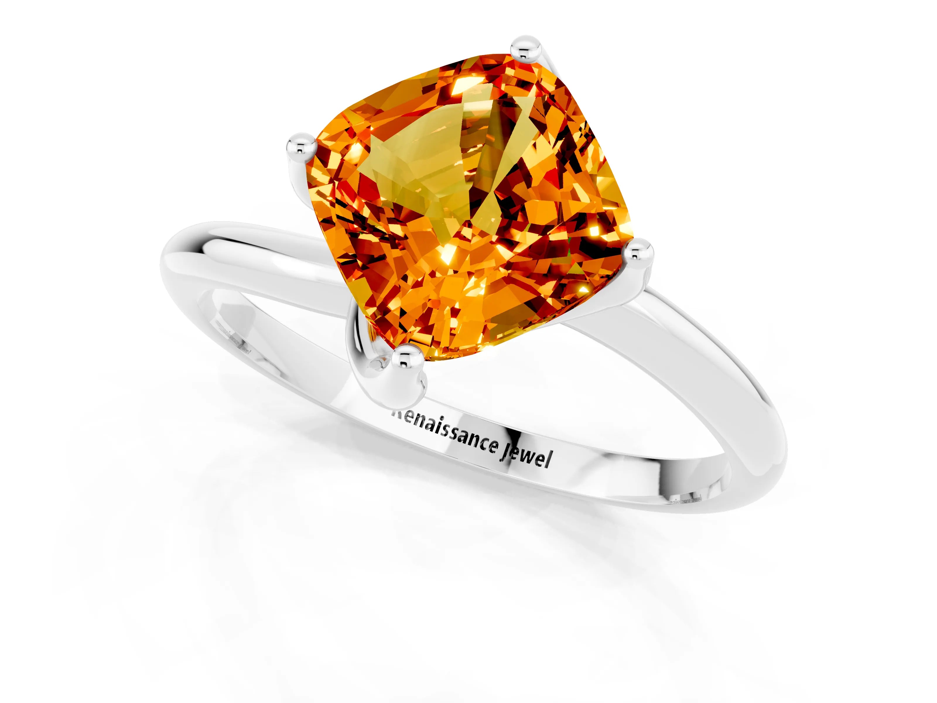 White gold Cushion Cut Citrine Solitaire Engagement Ring with Four-Prong Setting and Classic Band_13