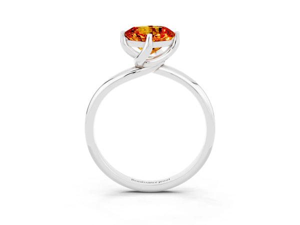 Silver Cushion Cut Citrine Solitaire Engagement Ring with Four-Prong Setting and Classic Band