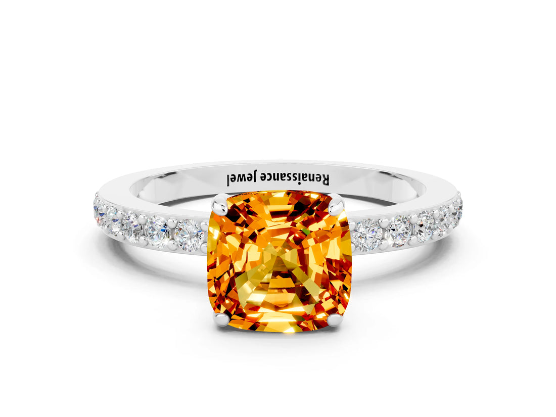 White gold Cushion Cut Citrine Solitaire Engagement Ring with Pavé Band and Four-Prong Setting