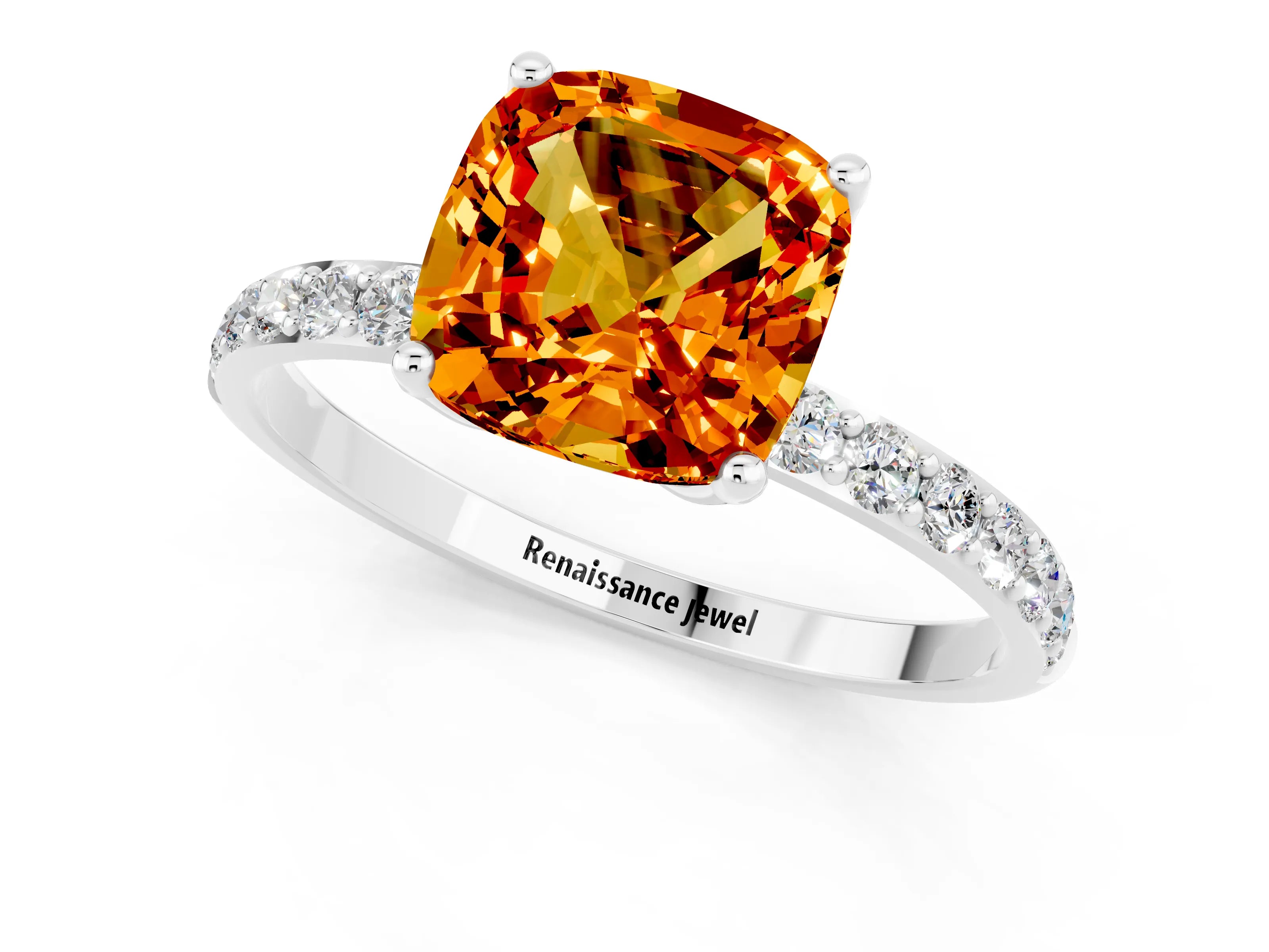 White gold Cushion Cut Citrine Solitaire Engagement Ring with Pavé Band and Prong Setting_1