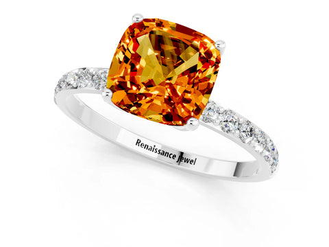 White gold Cushion Cut Citrine Solitaire Engagement Ring with Pavé Band and Prong Setting_1