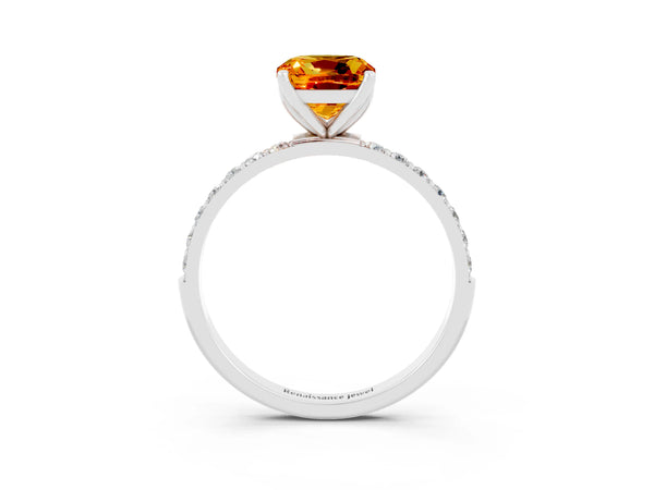 Silver Cushion Cut Citrine Solitaire Engagement Ring with Round  Pavé Band and Prong Setting