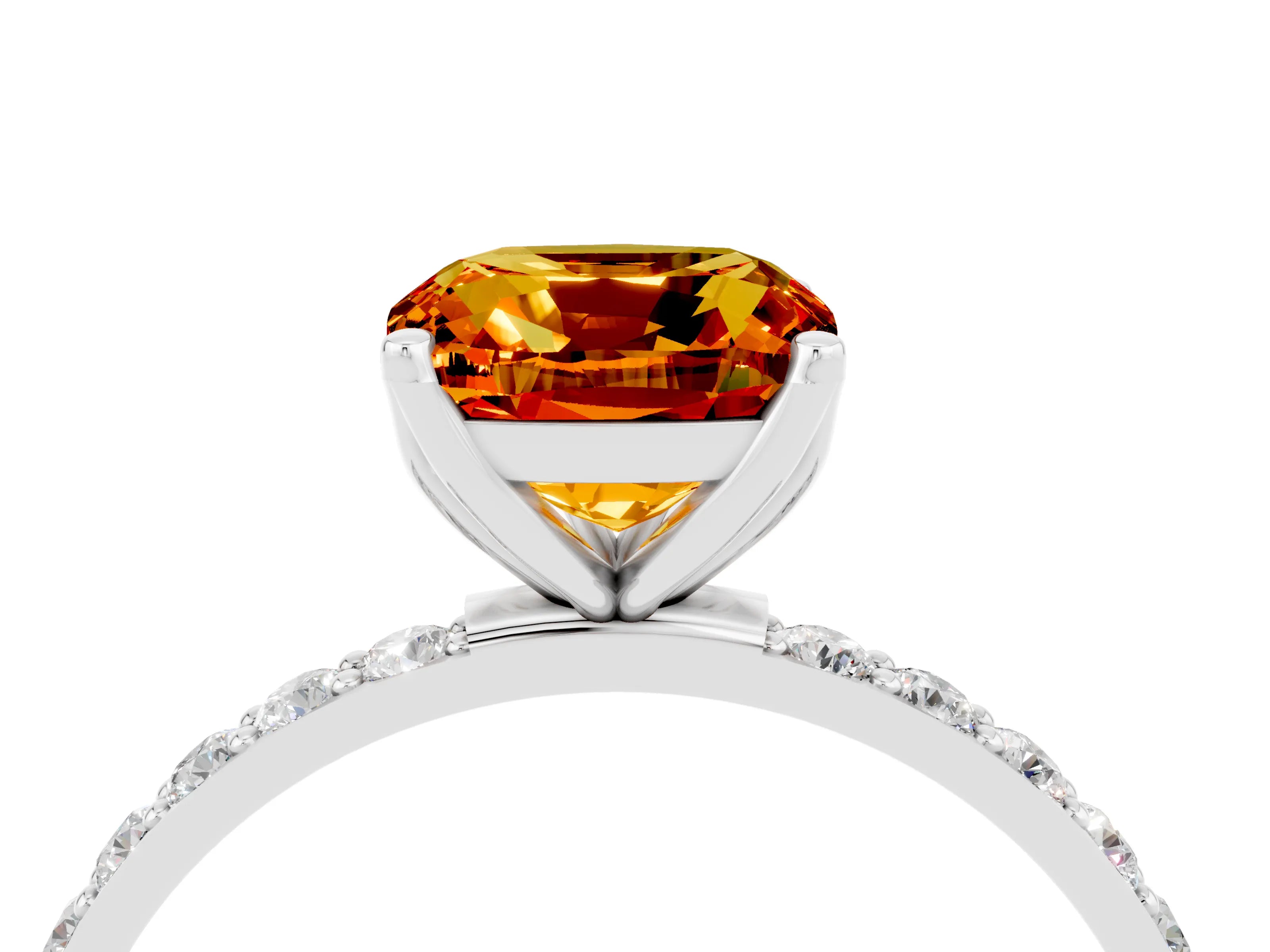 White gold Cushion Cut Citrine Solitaire Engagement Ring with Pavé Band and Prong Setting_4