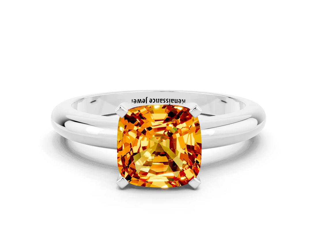 White gold Cushion Cut Citrine Solitaire Engagement Ring with Round Band and Four-Prong Setting