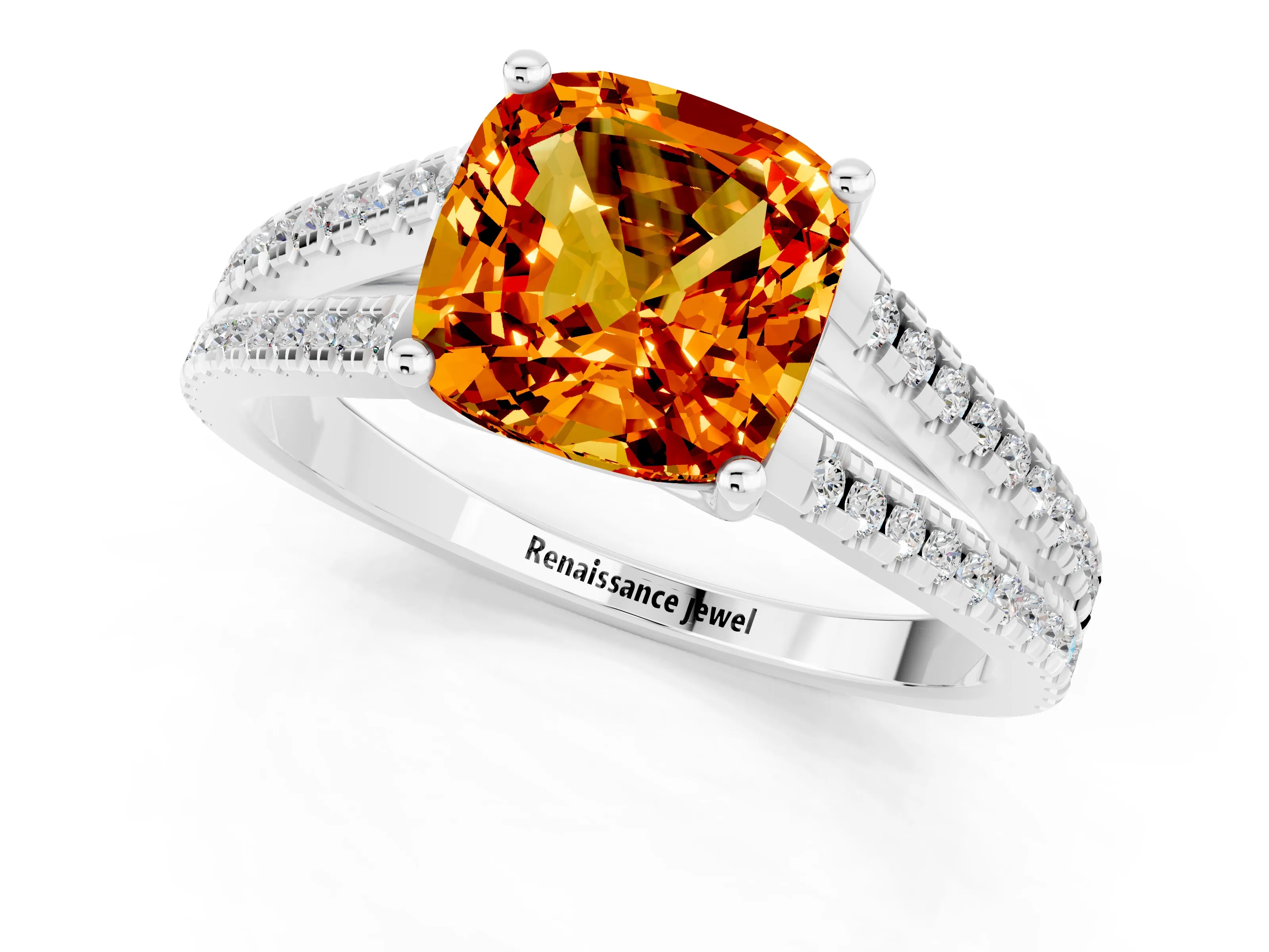 White gold Cushion Cut Citrine Solitaire Engagement Ring with Split Shank Pavé Band_1