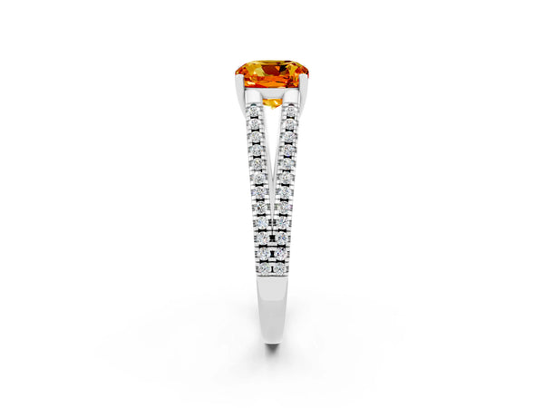 White gold Cushion Cut Citrine Solitaire Engagement Ring with Split Shank Pavé Band