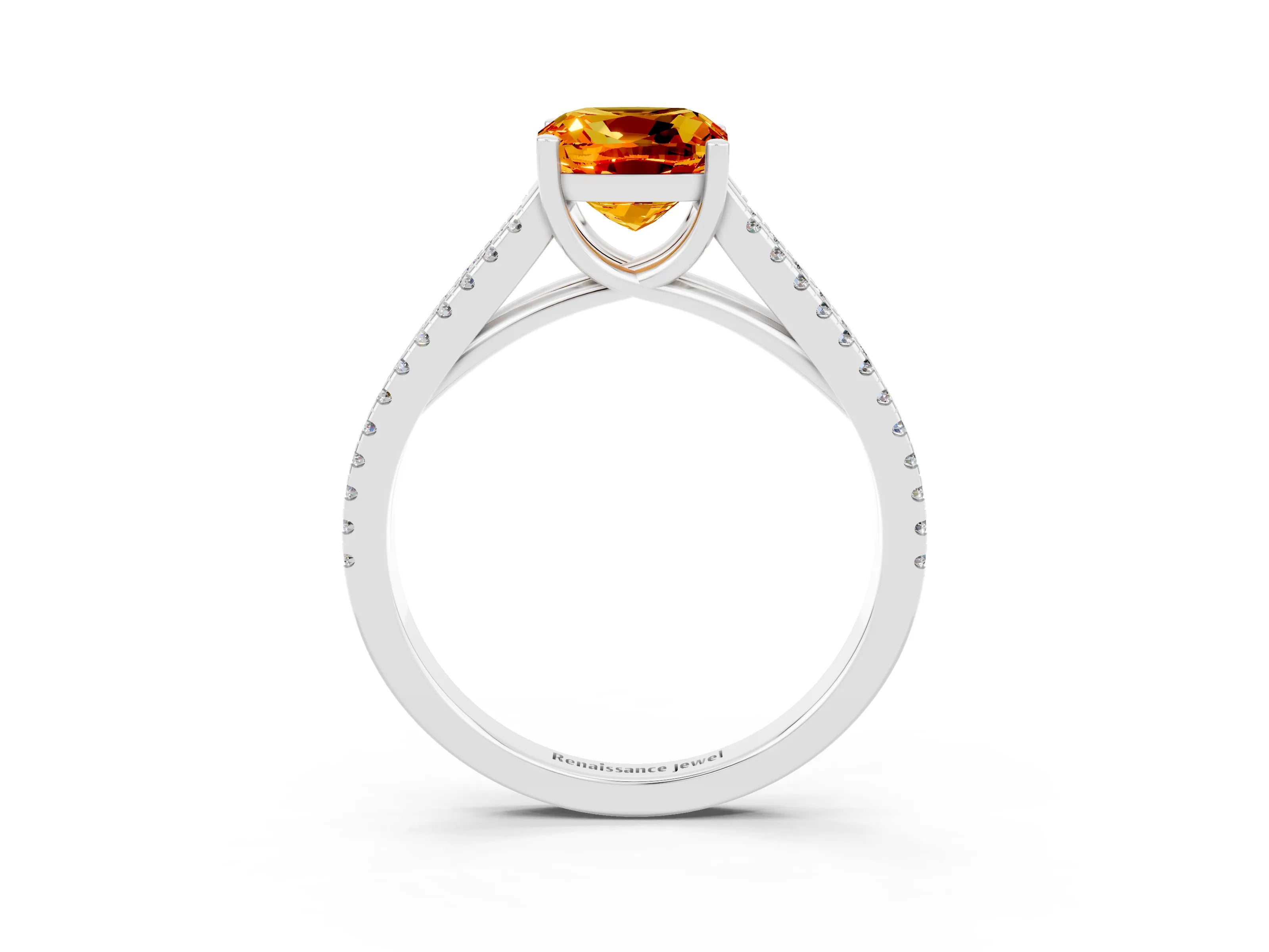 White gold Cushion Cut Citrine Solitaire Engagement Ring with Split Shank Pavé Band_3