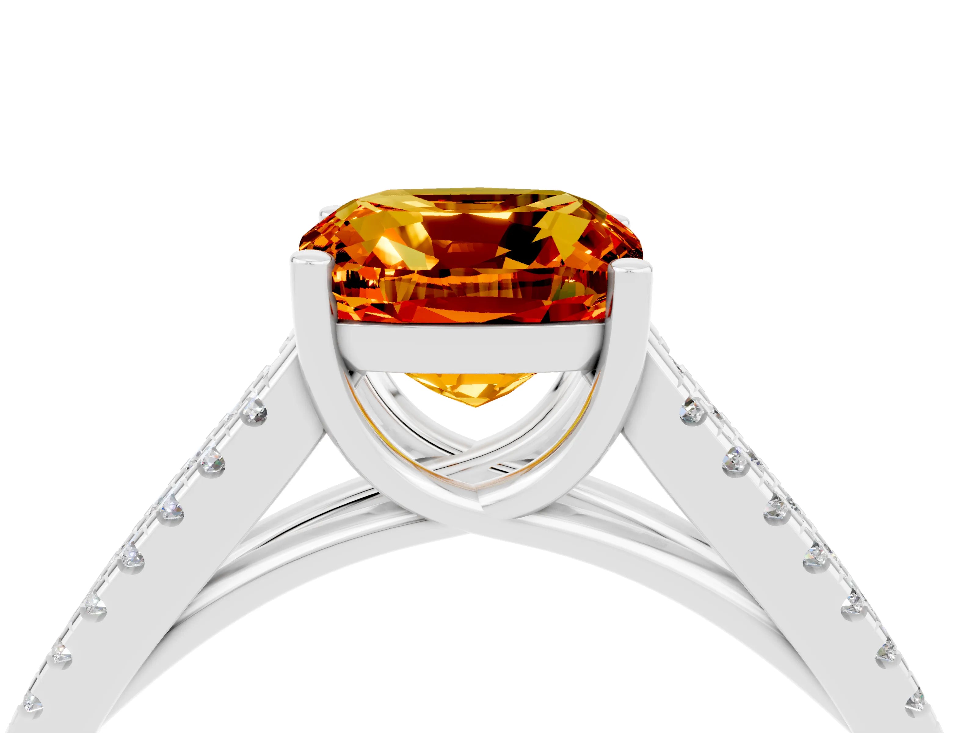 White gold Cushion Cut Citrine Solitaire Engagement Ring with Split Shank Pavé Band_4