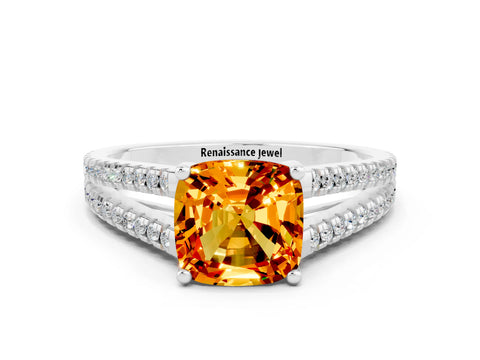 White gold Cushion Cut Citrine Solitaire Engagement Ring with Split Shank Pavé Band
