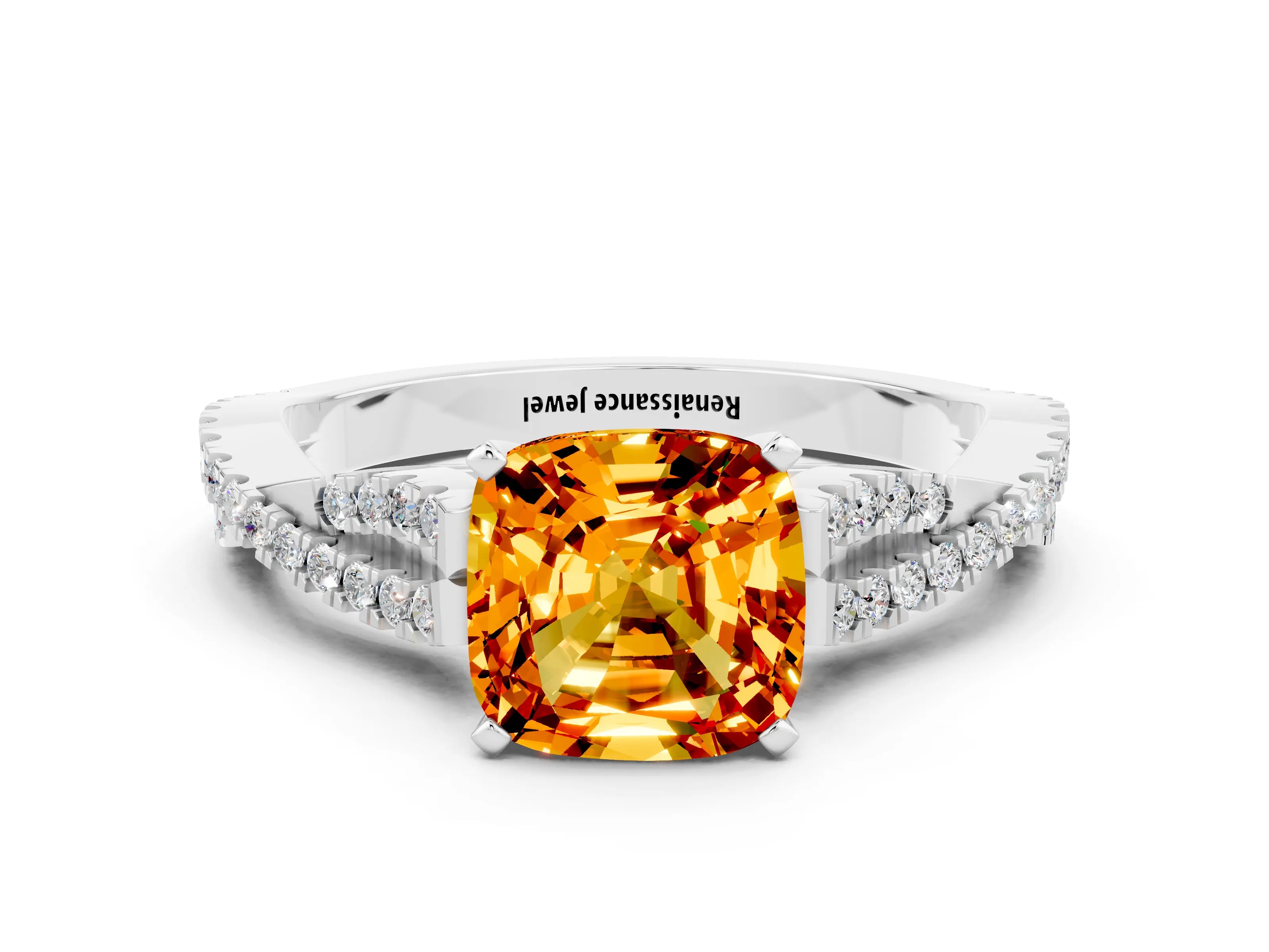 White gold Cushion Cut Citrine Solitaire Engagement Ring with Twisted Pavé Band and Four-Prong Setting_12