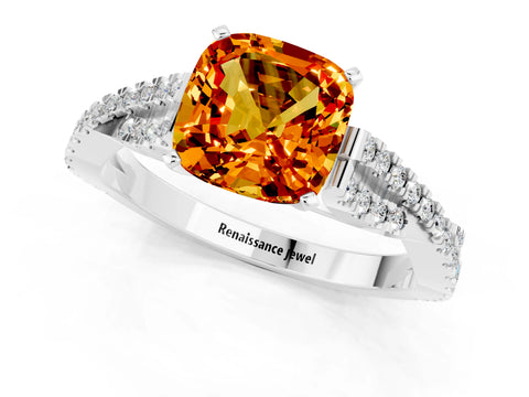 White gold Cushion Cut Citrine Solitaire Engagement Ring with Twisted Pavé Band and Four-Prong Setting_13