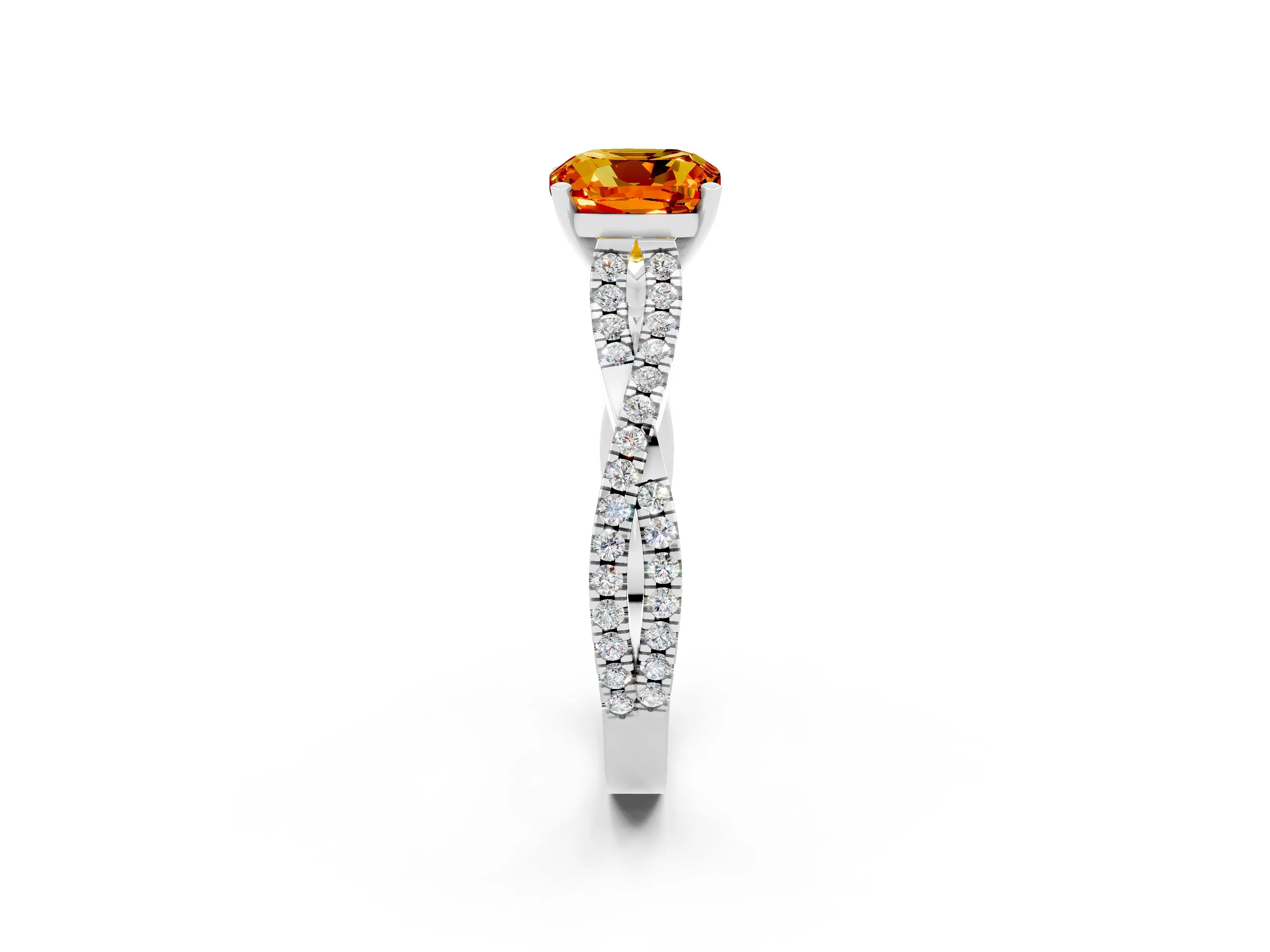 White gold Cushion Cut Citrine Solitaire Engagement Ring with Twisted Pavé Band and Four-Prong Setting_14