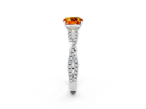 White gold Cushion Cut Citrine Solitaire Engagement Ring with Twisted Pavé Band and Four-Prong Setting_14