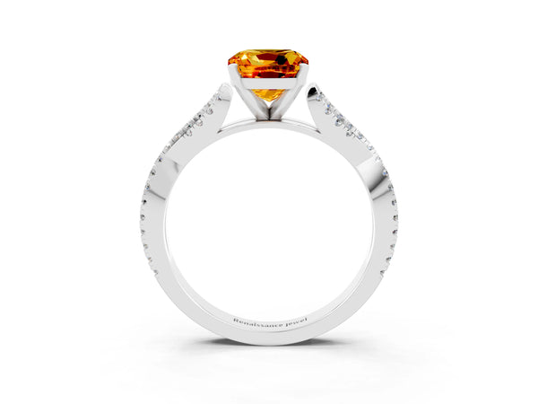 Platinum Cushion Cut Citrine Solitaire Engagement Ring with Twisted Pavé Band and Four-Prong Setting