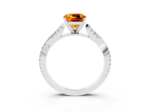 White gold Cushion Cut Citrine Solitaire Engagement Ring with Twisted Pavé Band and Four-Prong Setting_15