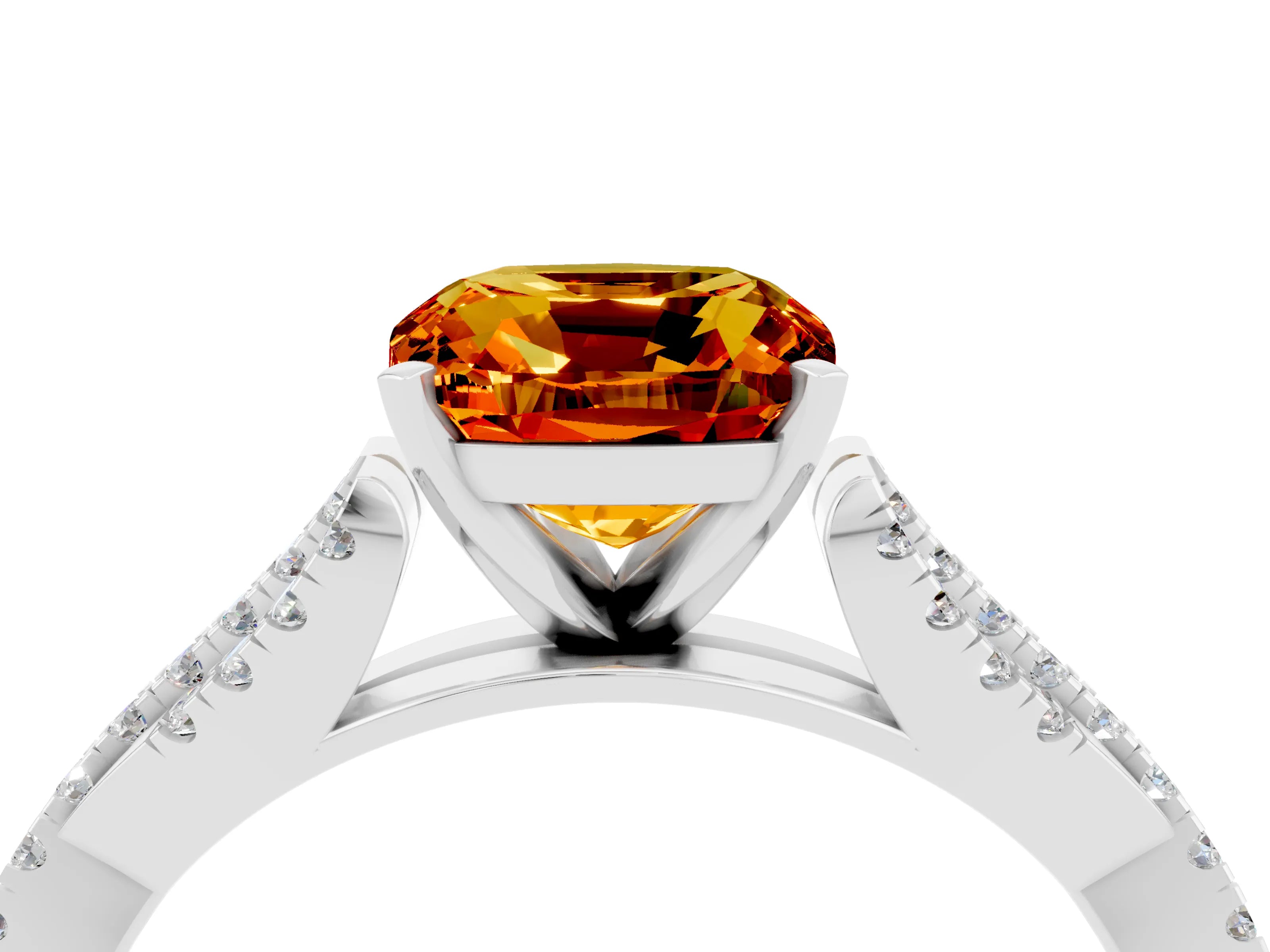 White gold Cushion Cut Citrine Solitaire Engagement Ring with Twisted Pavé Band and Four-Prong Setting_16