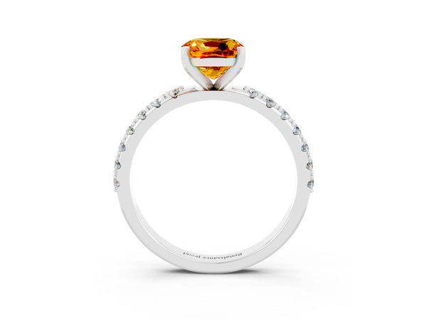 Platinum Cushion Cut Citrine Solitaire Pavé Band with Four-Prong Setting