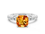White gold Cushion Cut Citrine Solitaire Pavé Band with Four-Prong Setting