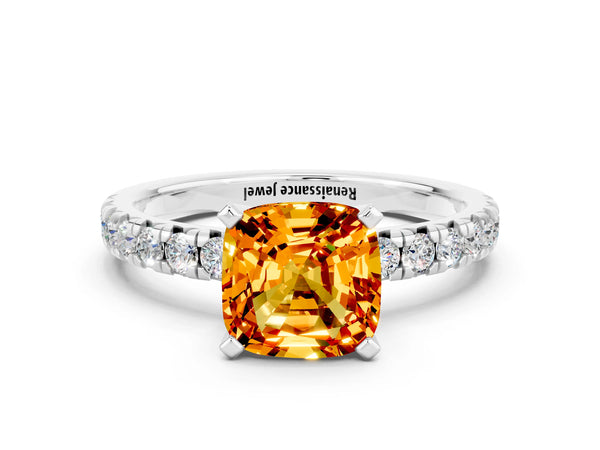 Platinum Cushion Cut Citrine Solitaire Pavé Engagement Ring with Round Band and Prong Setting