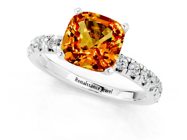 Platinum Cushion Cut Citrine Solitaire Pavé Engagement Ring with Round Band and Prong Setting