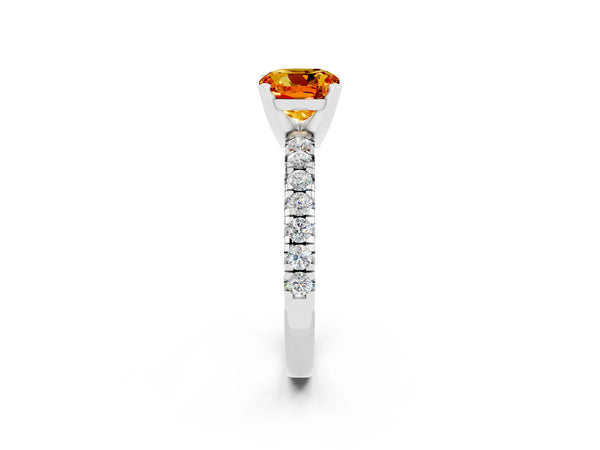 Platinum Cushion Cut Citrine Solitaire Pavé Engagement Ring with Round Band and Prong Setting